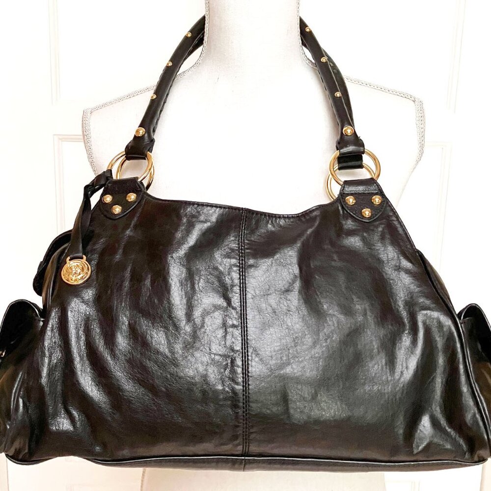 Rough Roses New Genuine Soft Black Leather Large Satchel Bag, Bright Gold Detail